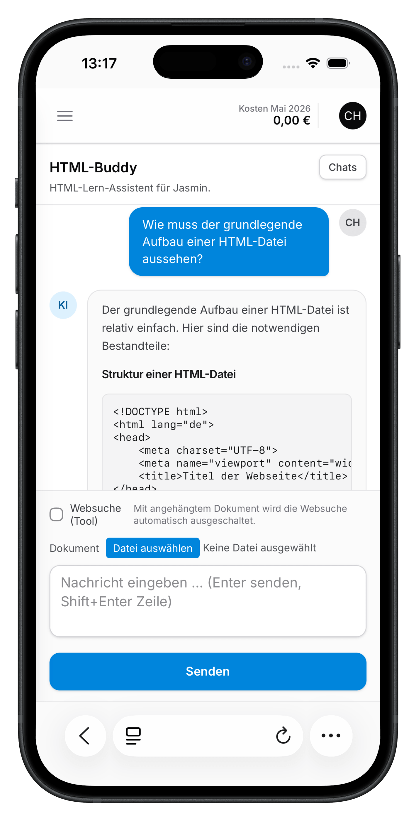 Screenshot: spezialisierter KI-Chat im HCM AI Hub — Smartphone-Ansicht