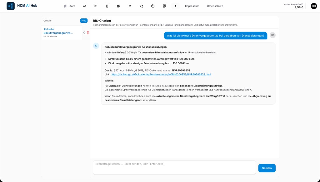 Screenshot: RIS-Chatbot im HCM AI Hub mit Rechtsfrage zur Direktvergabegrenze und Quellenangabe aus dem RIS