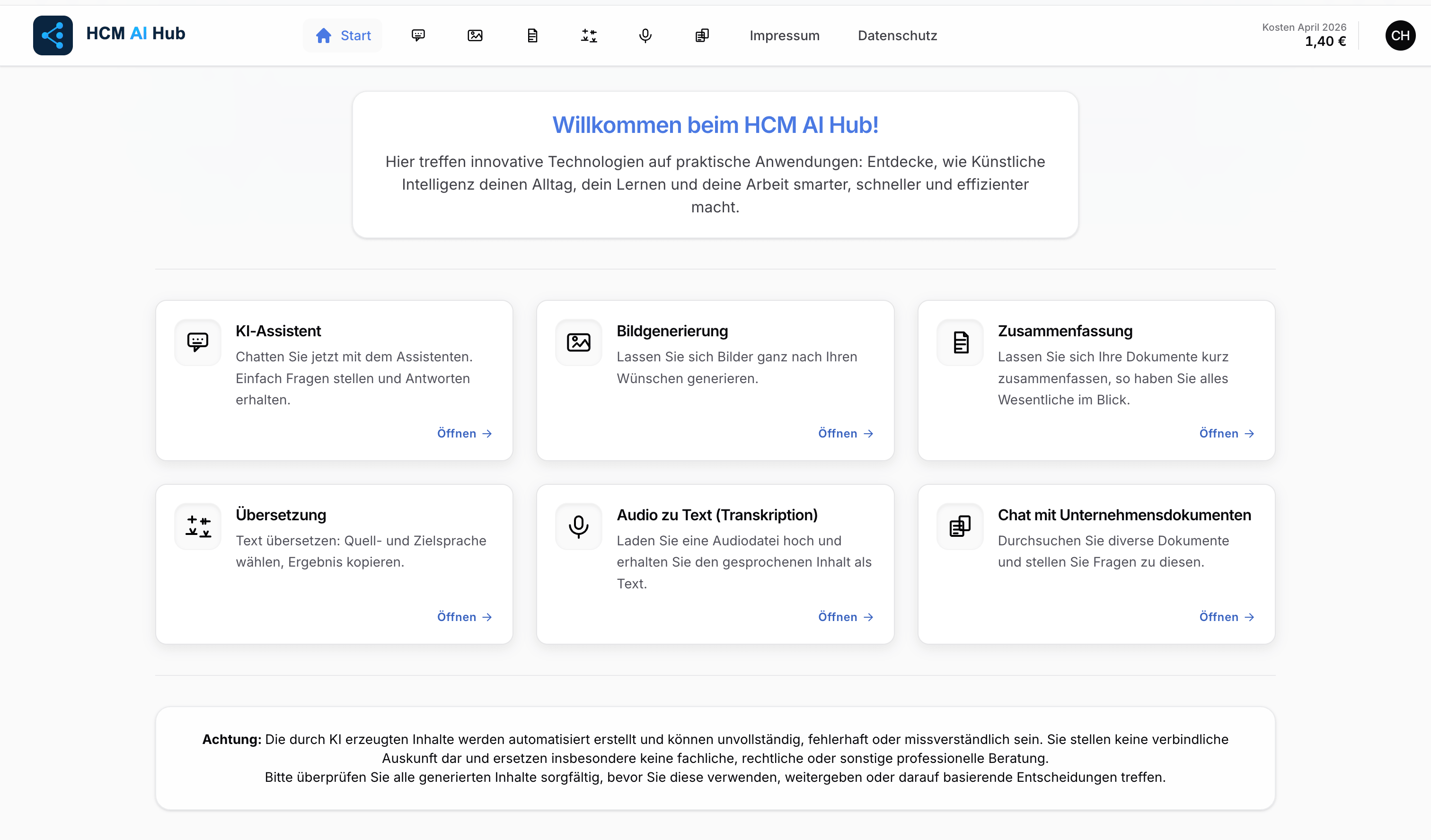HCM AI Hub: Startportal mit Modul-Kacheln