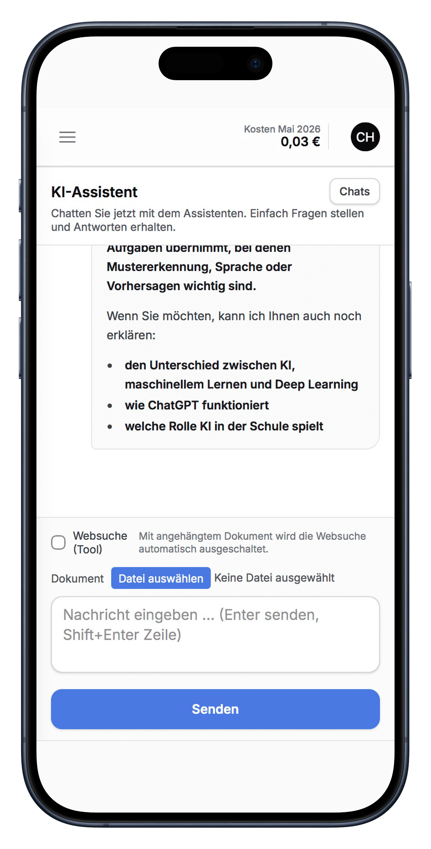 Screenshot: KI-Assistent im HCM AI Hub — Smartphone-Ansicht