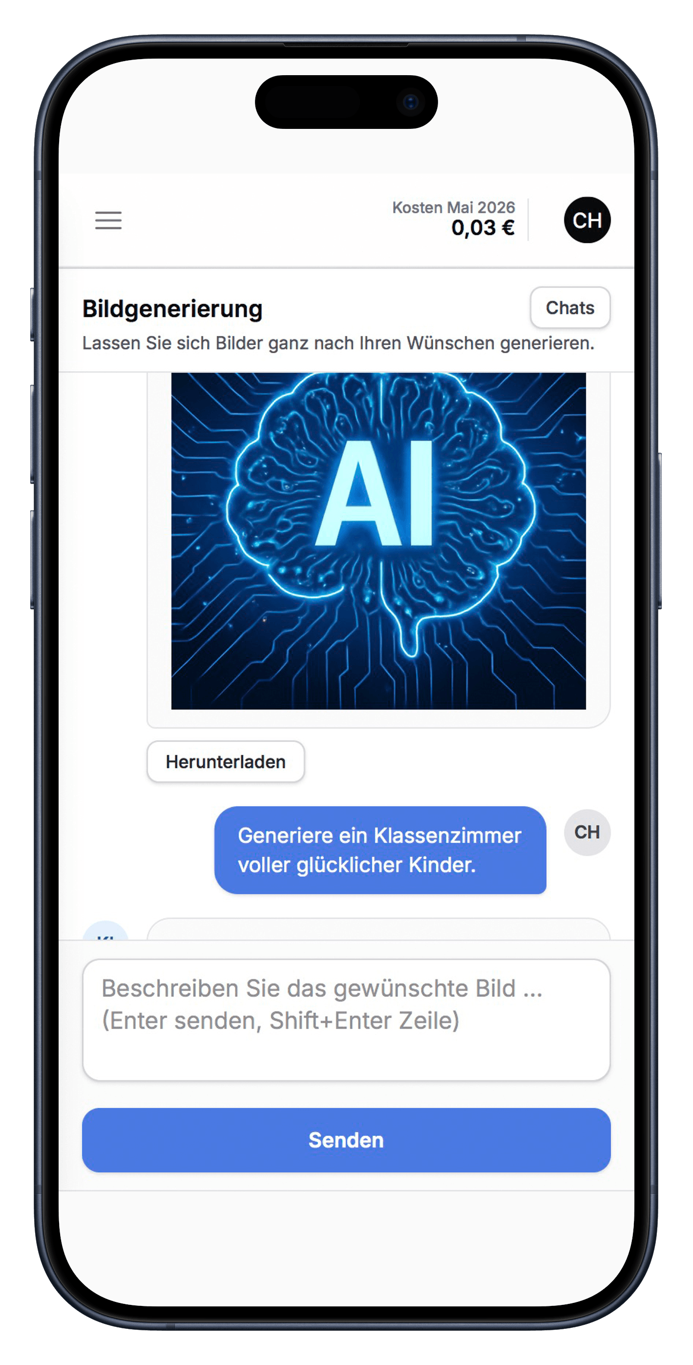 Screenshot: Bildgenerierung im HCM AI Hub — Smartphone-Ansicht