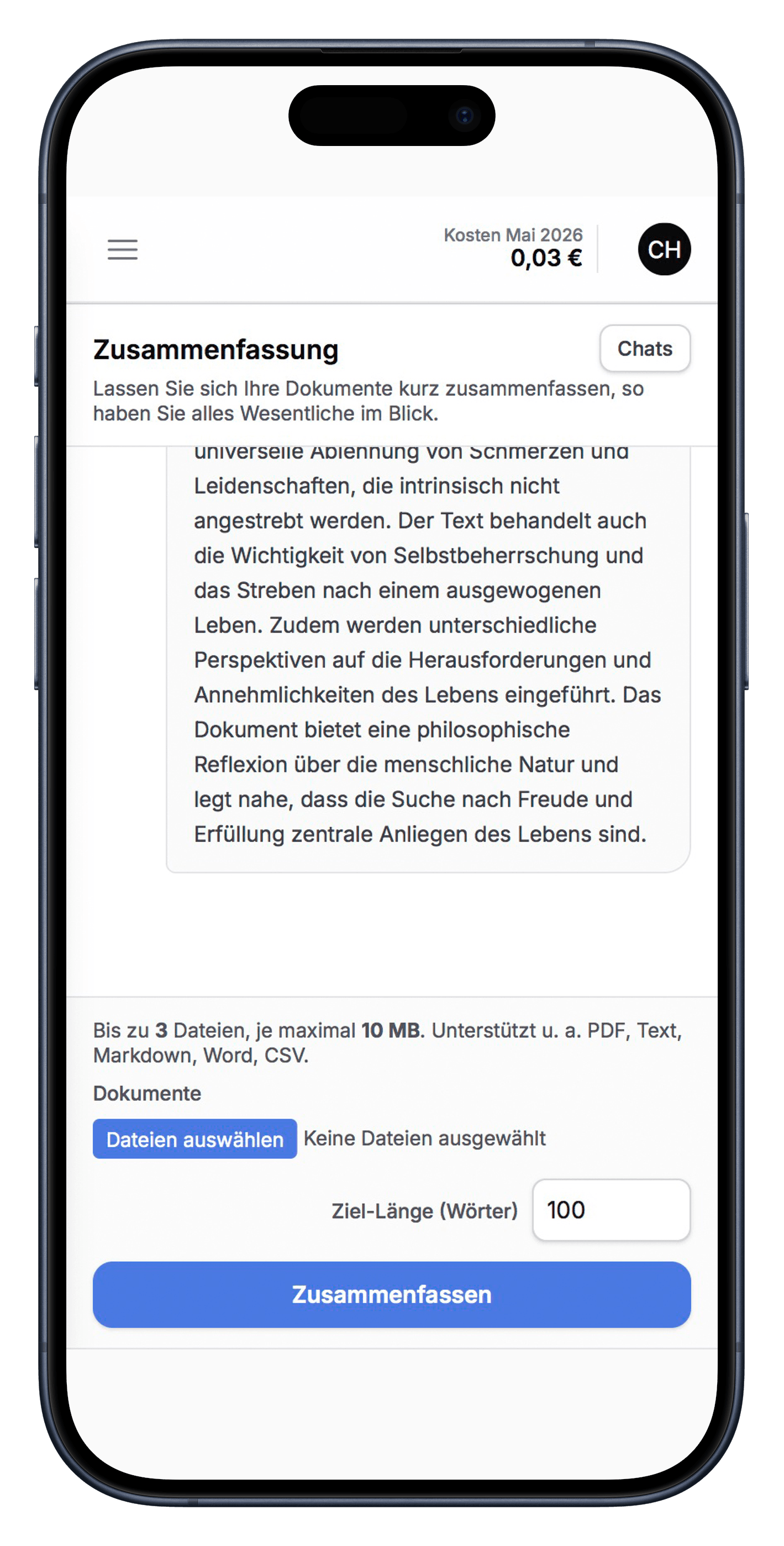 Screenshot: Zusammenfassungsmodul im HCM AI Hub — Smartphone-Ansicht
