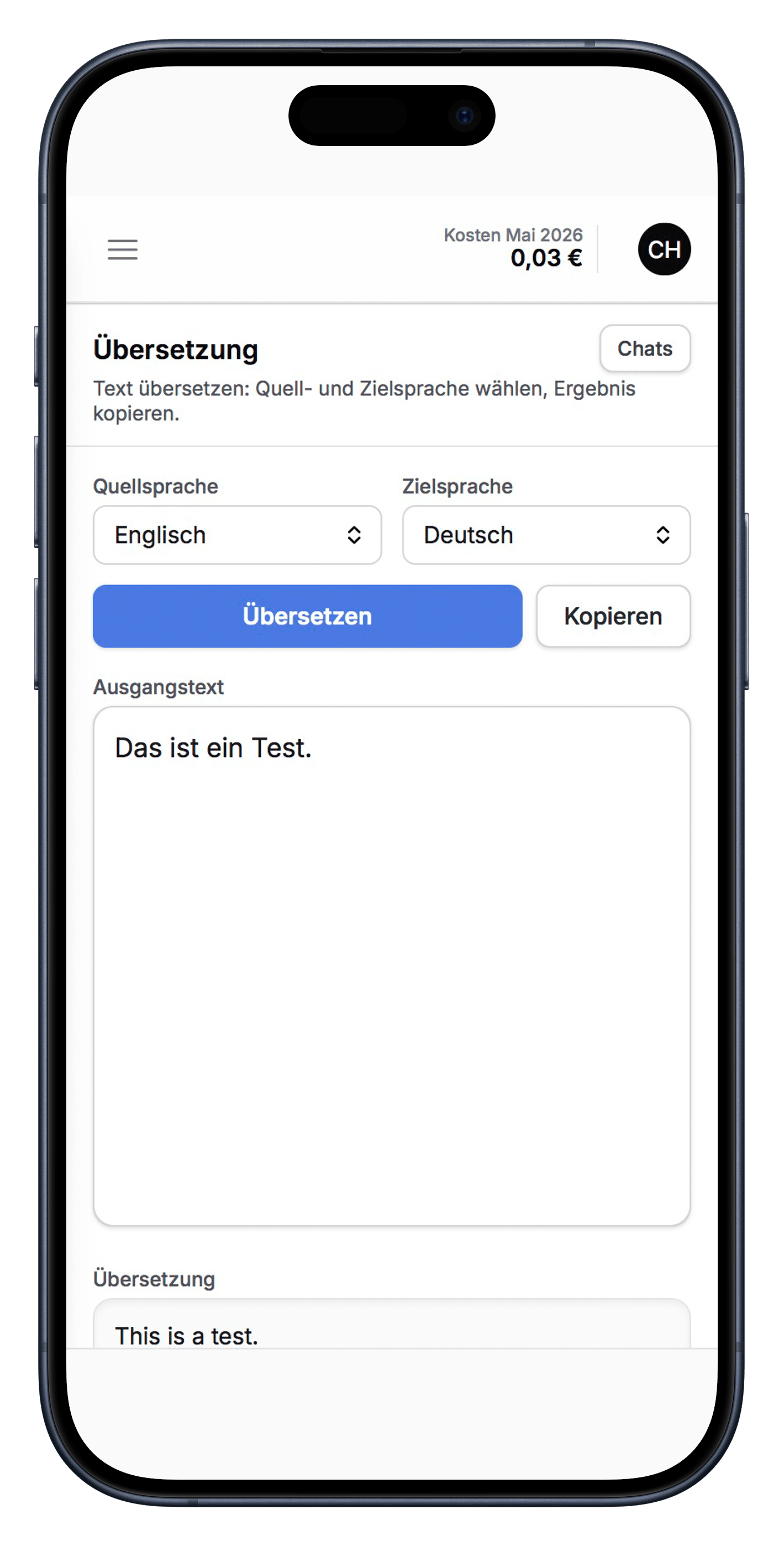 Screenshot: Übersetzungsmodul im HCM AI Hub — Smartphone-Ansicht