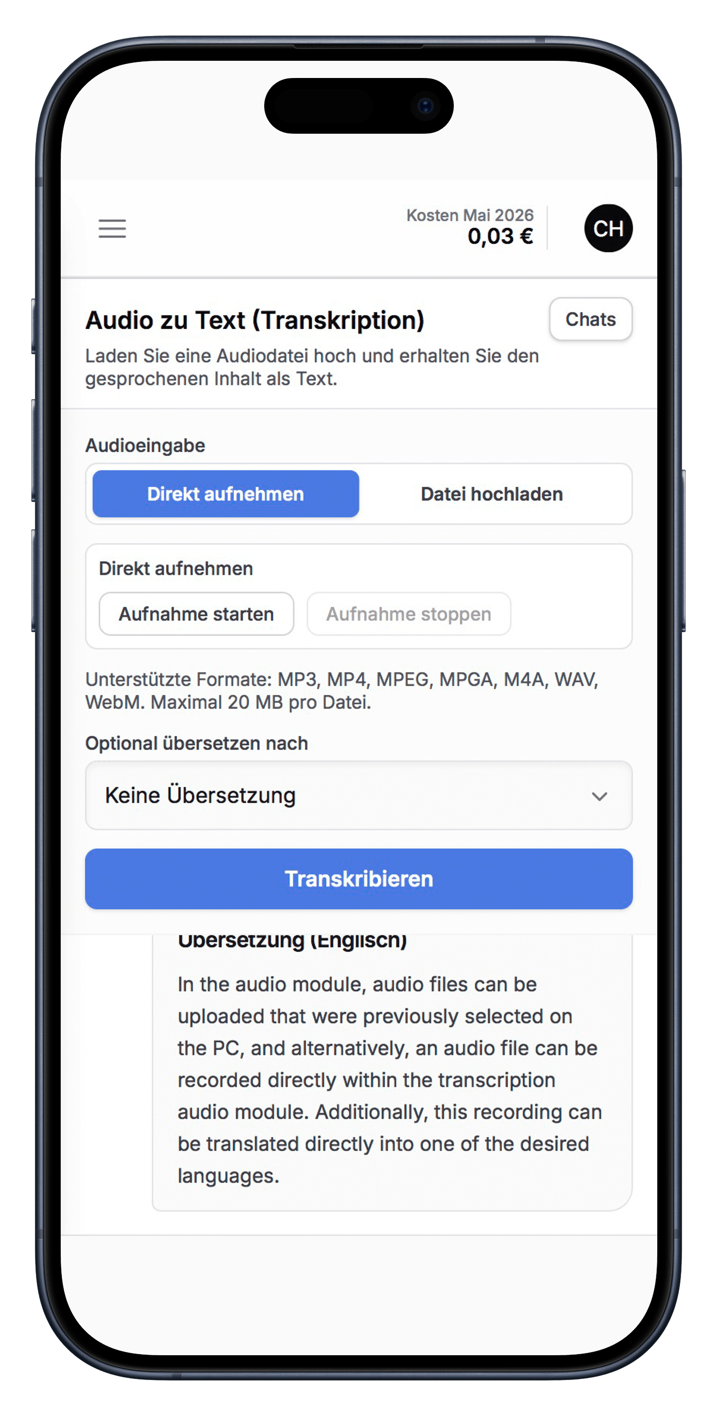 Screenshot: Audio-Transkription im HCM AI Hub — Smartphone-Ansicht