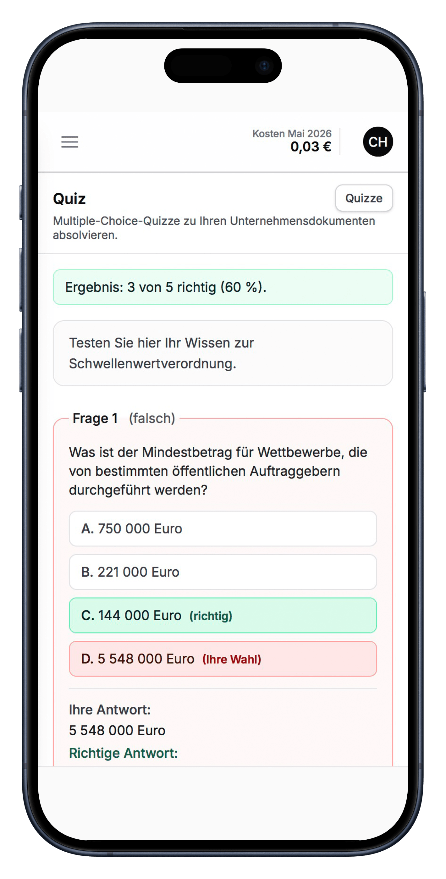 Screenshot: Quiz-Auswertung im HCM AI Hub — Smartphone