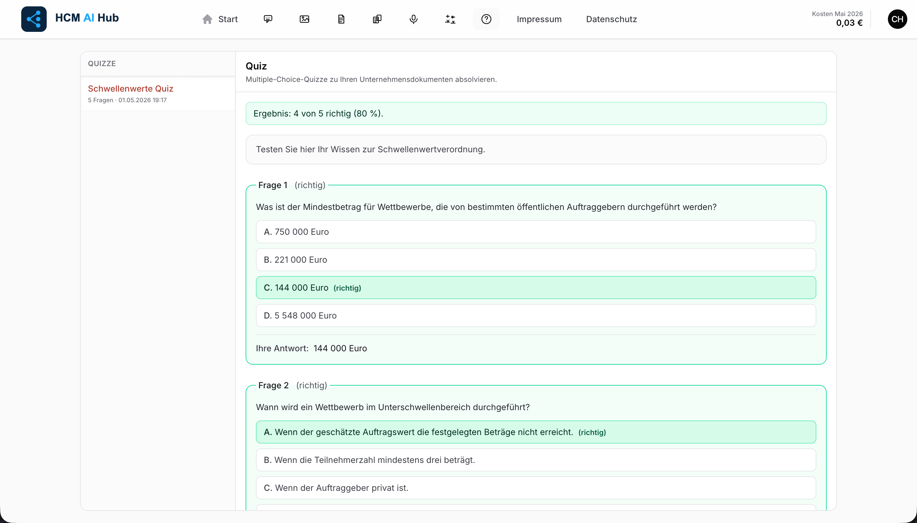 Screenshot: Quiz-Auswertung im HCM AI Hub mit Ergebniszeile und richtig markierten Antworten (Desktop)
