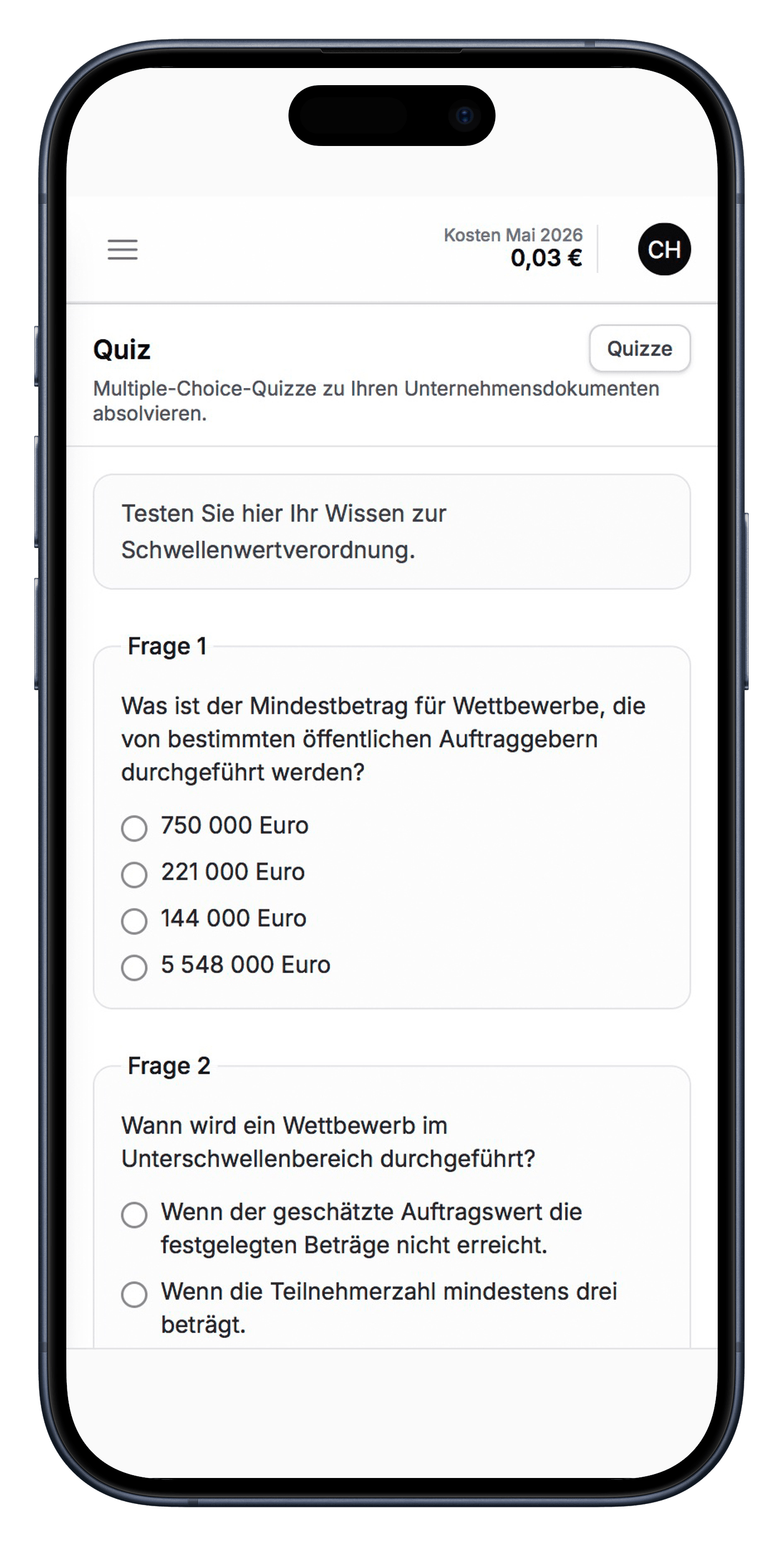 Screenshot: Quiz-Modul im HCM AI Hub — Smartphone-Ansicht