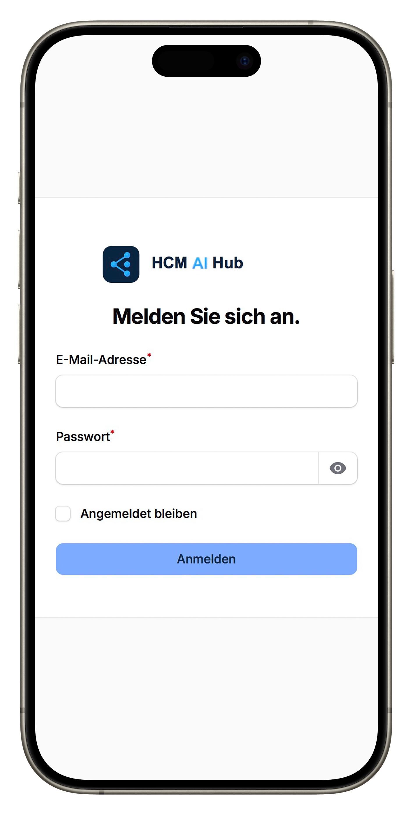 Screenshot: HCM AI Hub — mobil optimierte Login- bzw. Portal-Ansicht