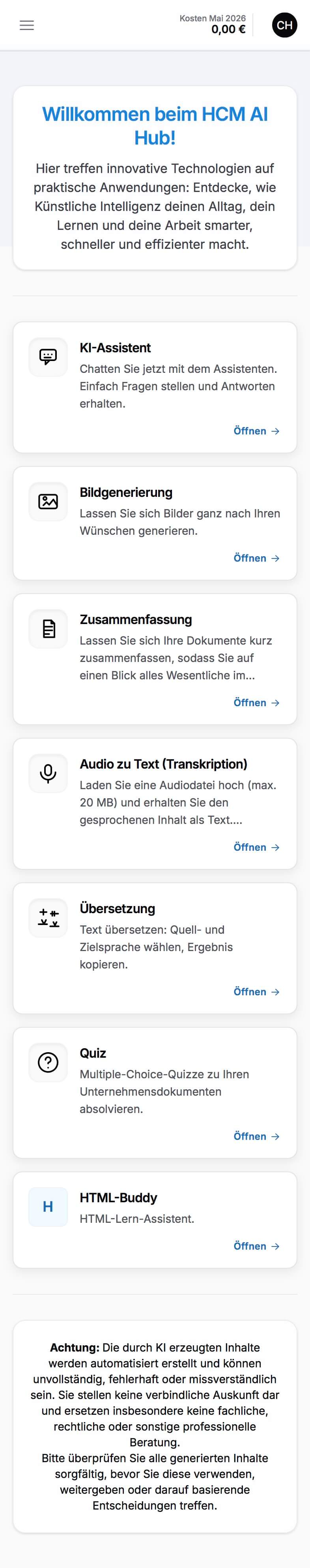 Lange Mobilansicht des HCM AI Hub Startportals — beim Scrollen der Seite wird der sichtbare Ausschnitt nach unten verschoben